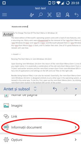 Microsoft Word, Android, documente, insereaza, antet, subsol, numar de pagina