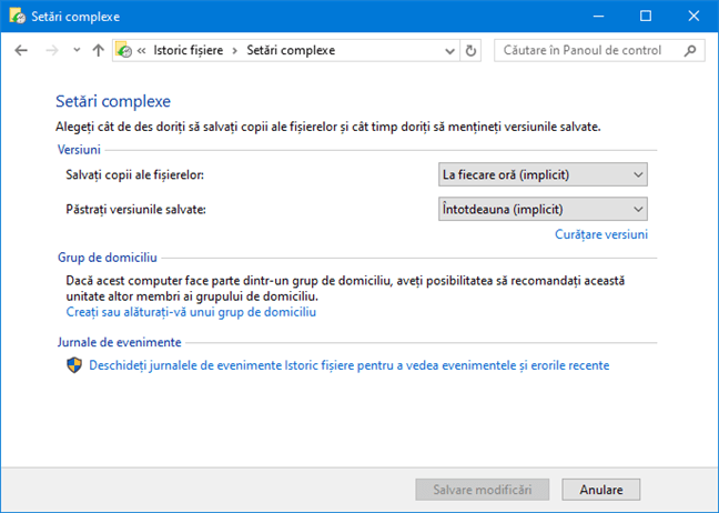 Istoric Fișiere - Setări complexe