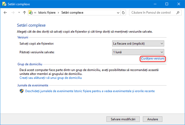 Istoric Fișiere - dă clic pe Curățare versiuni