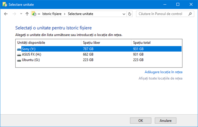 Alege unitatea de stocare pentru Istoric Fișiere