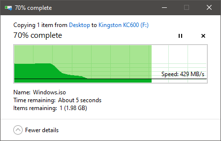 Copierea unui fișier mare pe SSD-ul Kingston KC600 2.5&quot; SATA