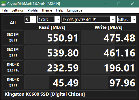 Kingston KC600 1 TB 2.5&quot; SATA SSD: Rezultate benchmark CrystalDiskMark