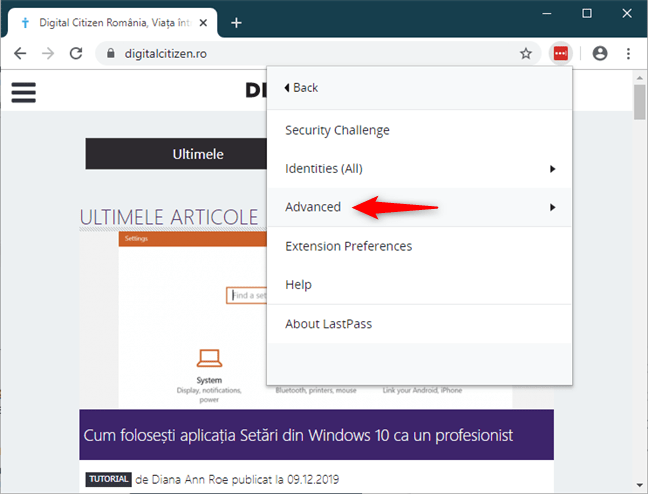 Opțiunea Advanced (Avansat) din LastPass