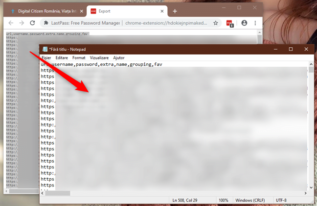 Copierea și Lipirea parolelor din LastPass într-un fișier text nou, folosind Notepad
