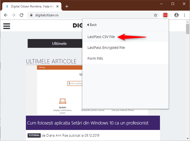 Opțiunea de a exporta parolele ca fișier CSV LastPass
