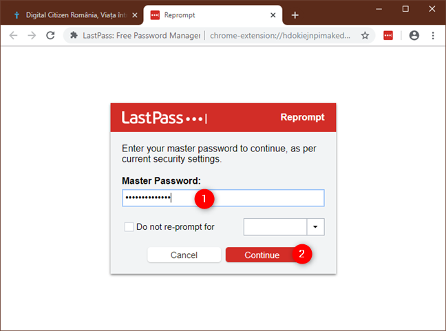 Confirmarea identității tale prin reintroducerea parolei de LastPass