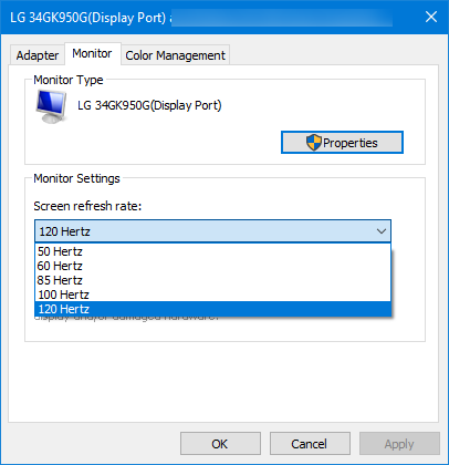 Setează rata de refresh la 120 Hz pentru LG 34GK950G