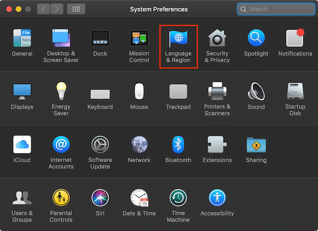 Opțiunea Language &amp; Region din fereastra System Preferences