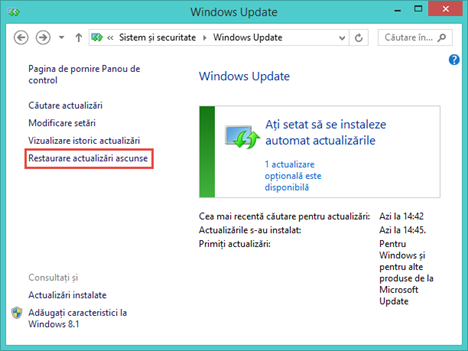 Windows Update, actualizari, instalate, ascunse