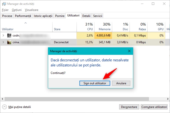 Deconectarea unui alt utilizator din Managerul de activități