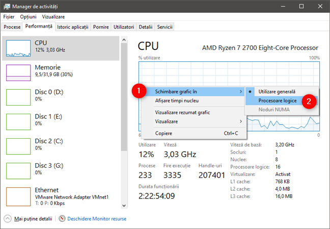 Managerul de activități poate să îți arate procesoarele logice din CPU