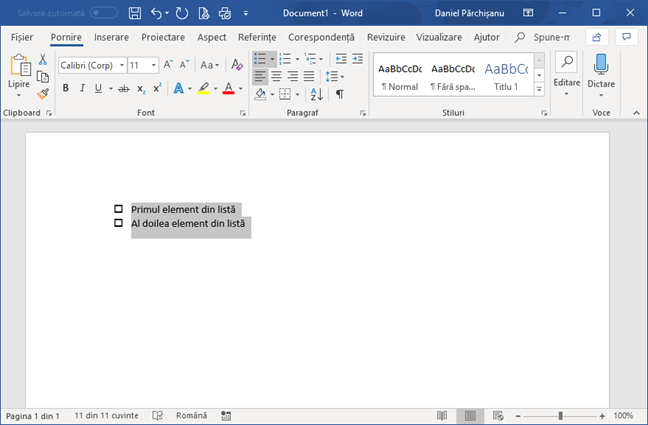 Listă de verificare în Microsoft Word