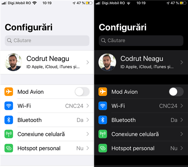 Aplicația Configurări de pe un iPhone, folosind modul luminos versus modul întunecat