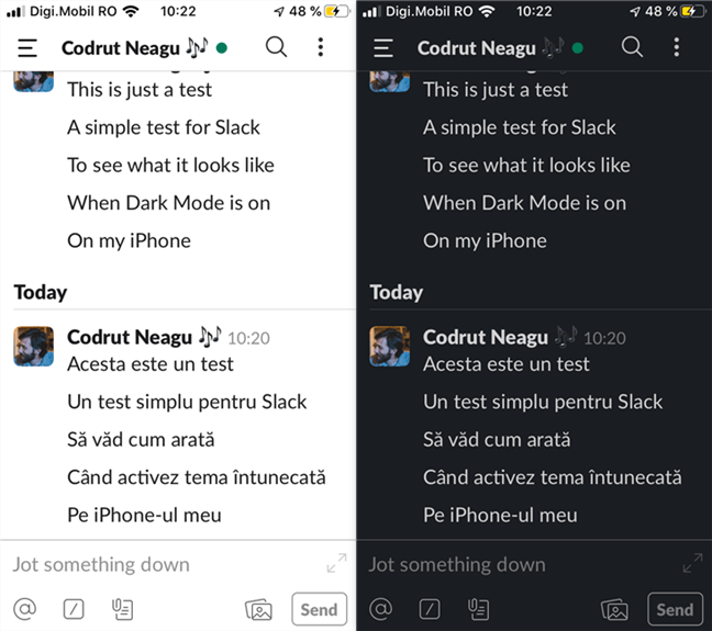 Aplicația Slack pentru iOS, folosind aspectul luminos și aspectul întunecat