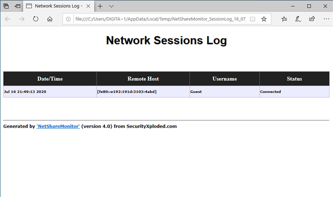 NetShareMonitor: Network sessions Log (Jurnal sesiuni rețea)