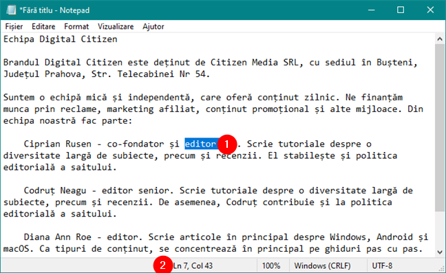 Numerele liniei și coloanei sunt afișate în Bara de stare din Notepad