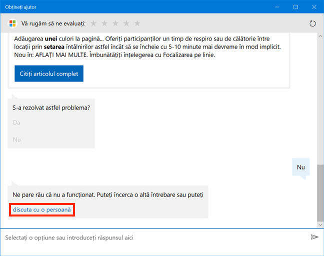 Apasă în continuare pe Nu pentru a discuta cu o persoană