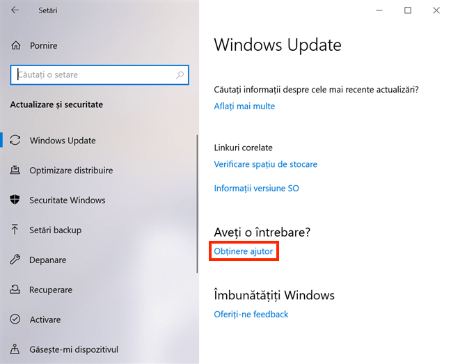 Legătura Obținere ajutor din partea de jos a setărilor pentru Windows Update