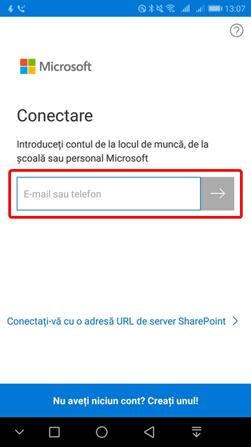 Conectare în OneDrive pentru Android