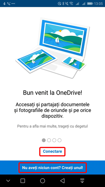 Conectează-te sau crează un cont pentru OneDrive în Android