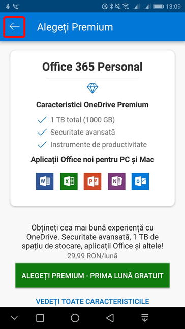 Oferta Premium în OneDrive pentru Android