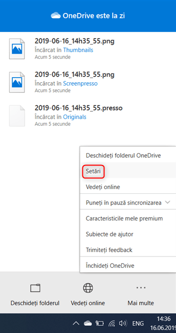 Mergi la setările OneDrive