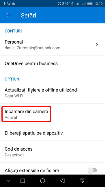 Schimbă setările pentru Încărcare din cameră în OneDrive pentru Android