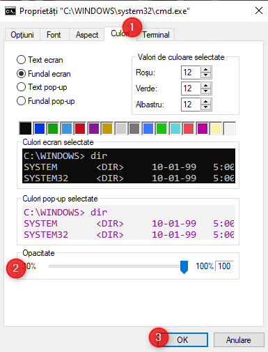 Alege nivelul de opacitate pentru Command Prompt