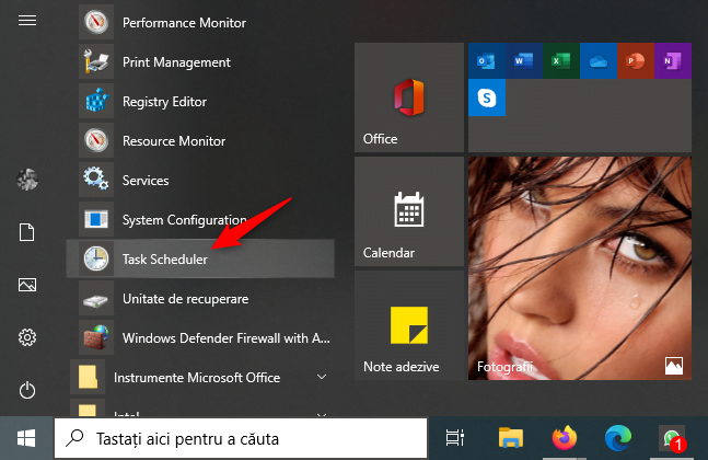 Scurtătura Task Scheduler din Meniul Start
