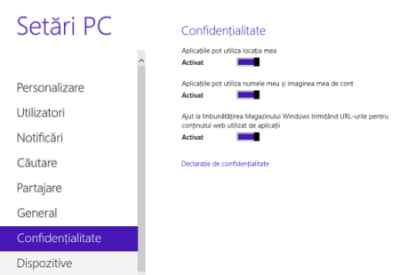  confidențialitate, securitatea datelor, Windows 8.1