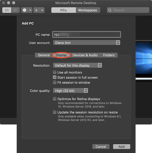 Fila Display din panoul Add PC al Microsoft Remote Desktop
