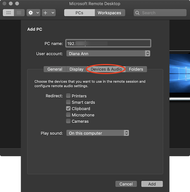 Fila Devices &amp; Audio din panoul Add PC al Microsoft Remote Desktop