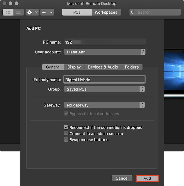 Apasă Add pentru a termina de adăugat o conexiune Desktop la distanță