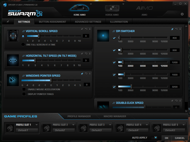 Setările din aplicația ROCCAT Swarm