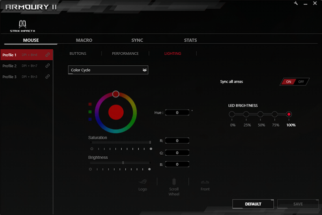 Setările de iluminare RGB disponibile în Armoury II