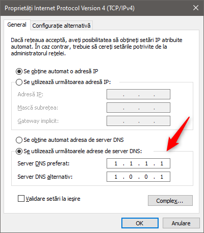 Schimbarea serverelor DNS folosite de Windows 10