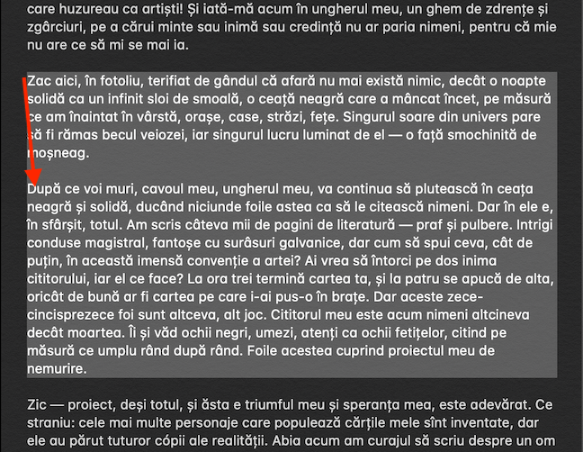 Dă triplu-clic și menține apăsat pentru a selecta paragrafe întregi pe măsură ce muți cursorul