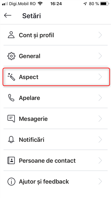 Mergi la setările pentru Aspect ale Skype