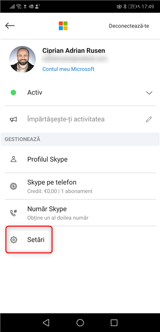 Mergi la Setări în Skype pentru Android