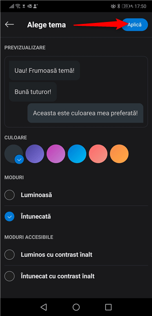 Apasă butonul Aplică în Skype pentru Android