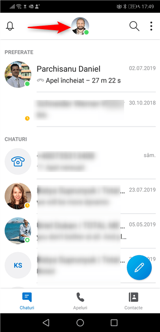 Apasă pe profilul tău Skype pentru Android