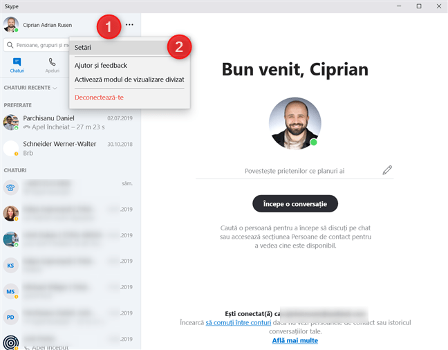 Accesează setările Skype în Windows 10