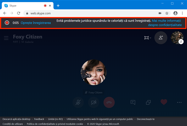 Skype afișează un memento despre înregistrare în partea de sus