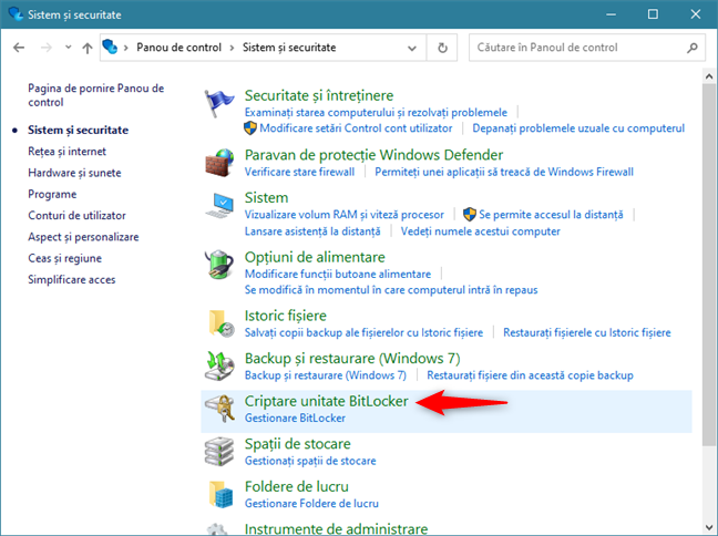 Accesare Criptare Unitate BitLocker din Panoul de control