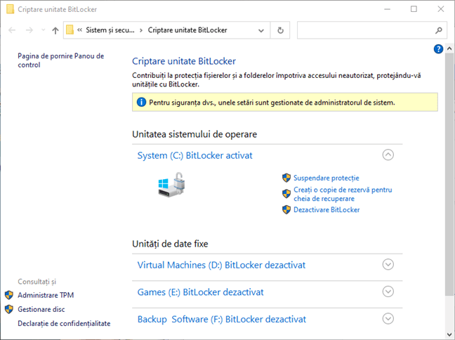 Secțiunea Criptare unitate BitLocker din Panoul de control