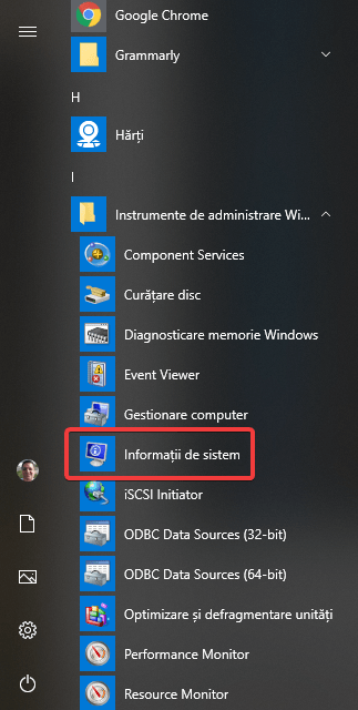 Informații de sistem în Meniul Start din Windows 10