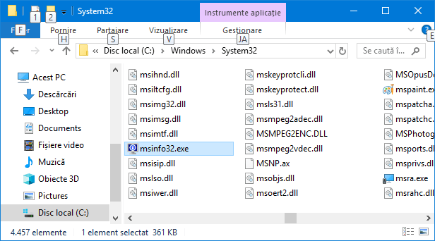 Fișierul msinfo32.exe în Explorer