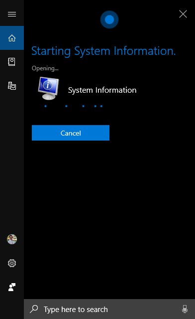 Cortana deschide System Information (Informații de sistem)