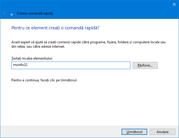 Creează o comandă rapidă Create pentru msinfo32 (Informații de sistem)