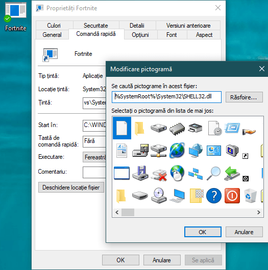 Modificarea pictogramei unei scurtături din Windows